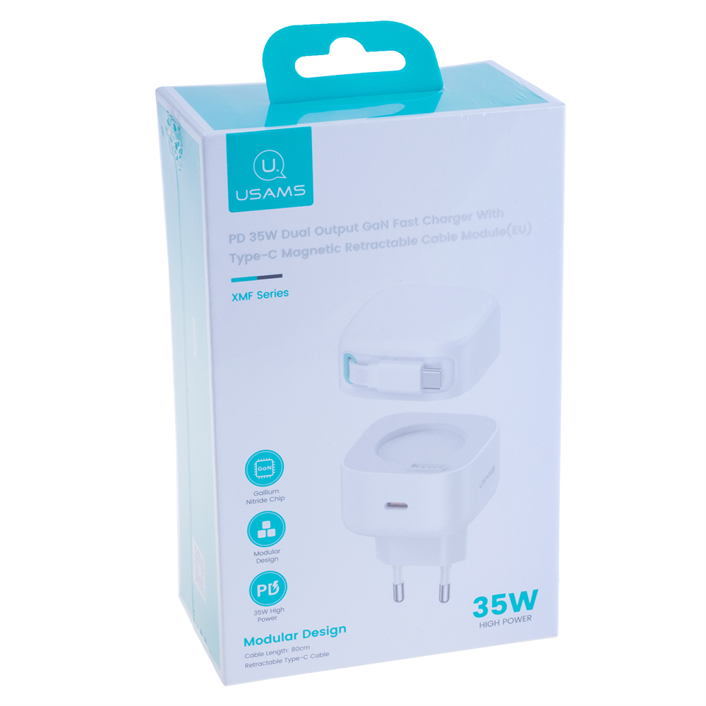 Зарядний пристрій білий US-CC202 PD35W Dual Port GaN Fast Charger With Type-C Magnetic Telescopic Cable (white, EU)