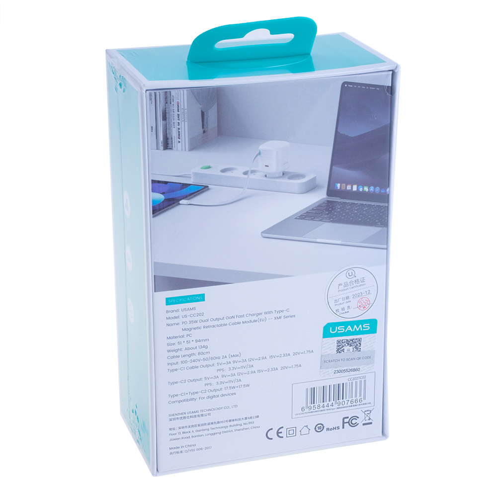Зарядний пристрій білий US-CC202 PD35W Dual Port GaN Fast Charger With Type-C Magnetic Telescopic Cable (white, EU)
