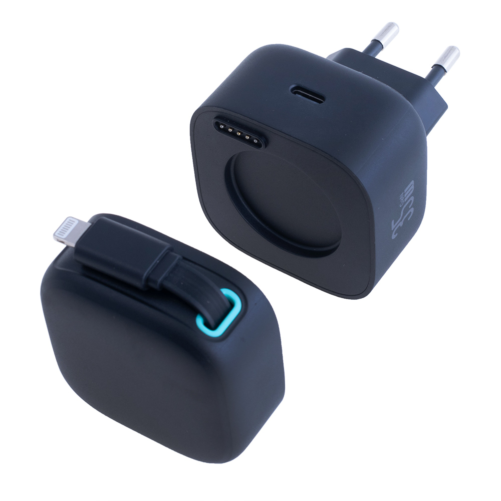 Зарядний пристрій чорний US-CC209 PD35W Dual Port GaN Fast Charger With Lightning Magnetic Telescopic Cable (black, EU)