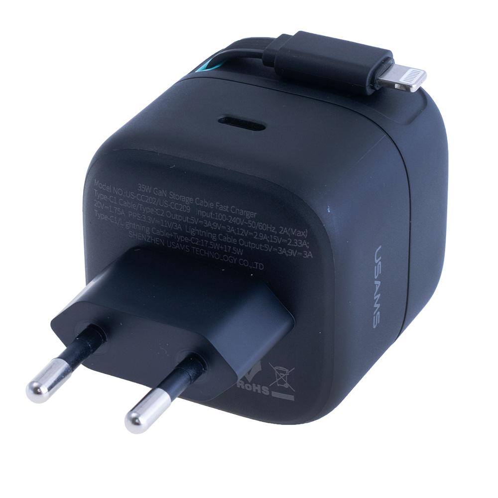 Зарядний пристрій чорний US-CC209 PD35W Dual Port GaN Fast Charger With Lightning Magnetic Telescopic Cable (black, EU)