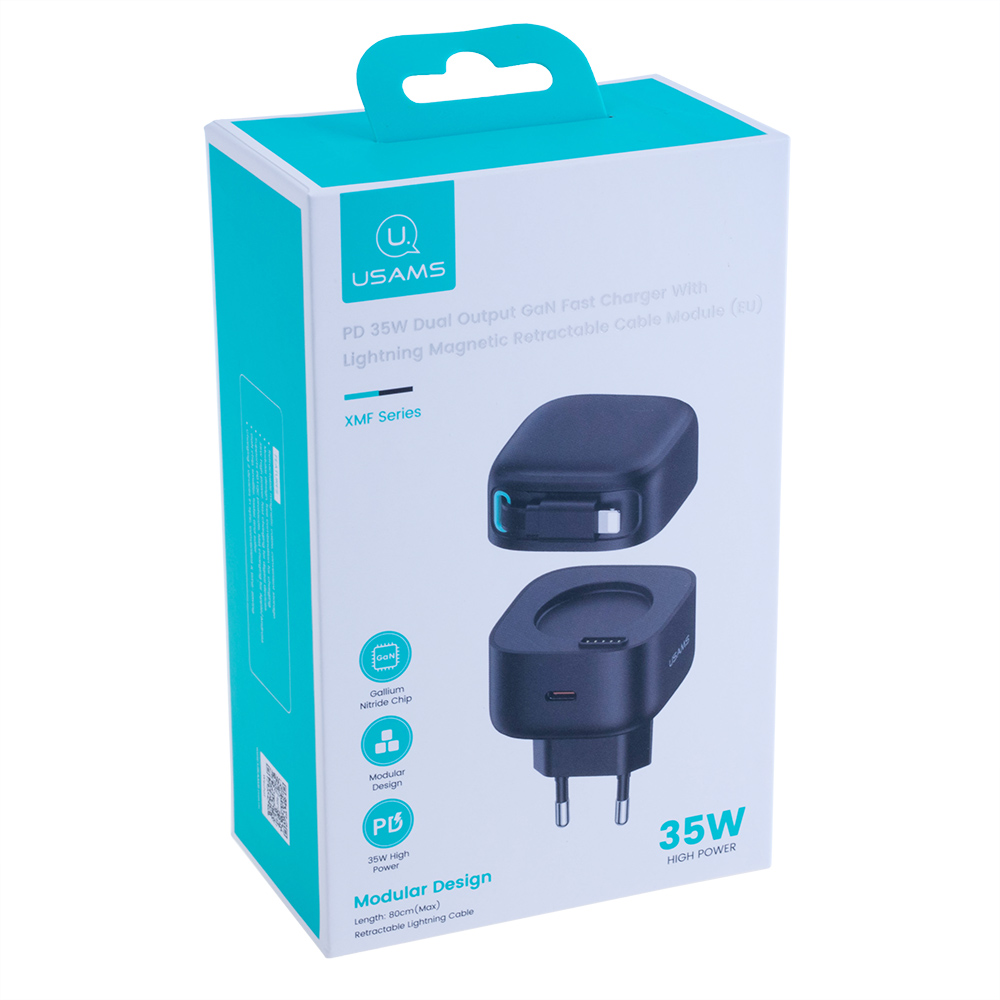 Зарядний пристрій чорний US-CC209 PD35W Dual Port GaN Fast Charger With Lightning Magnetic Telescopic Cable (black, EU)