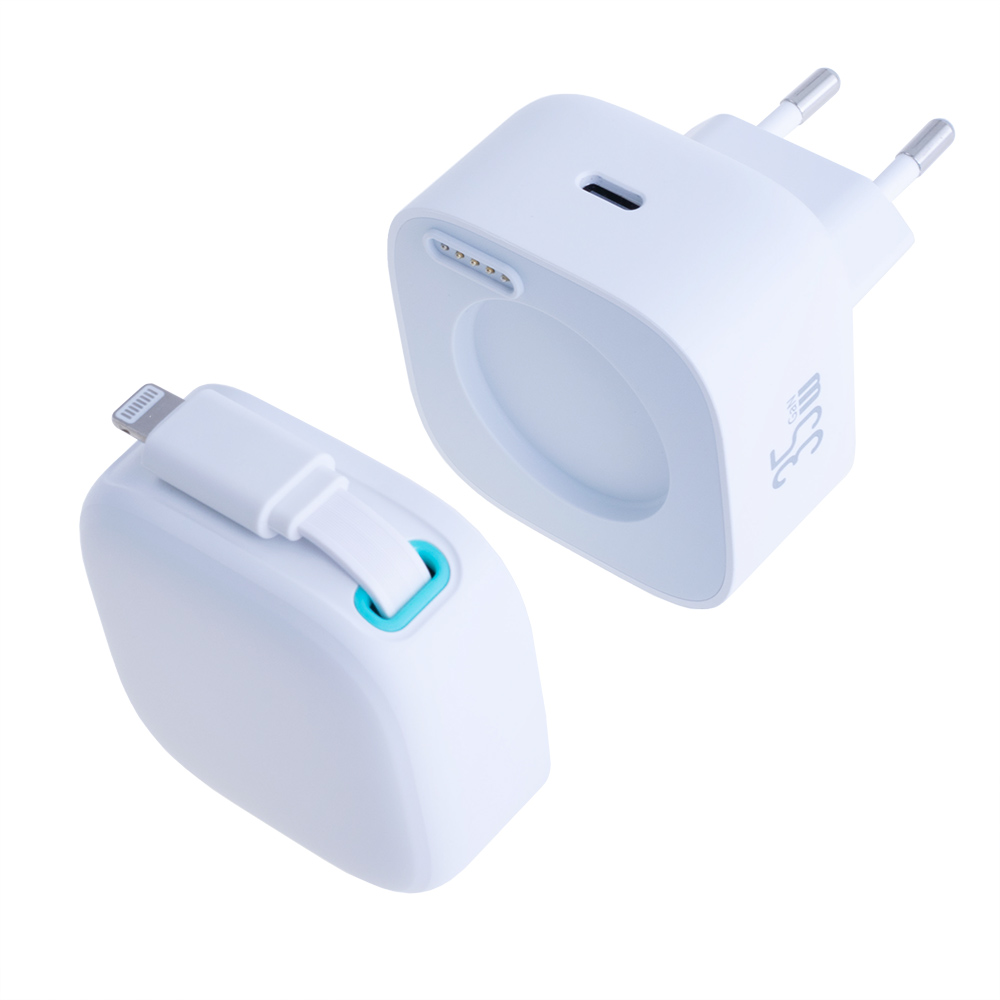 Зарядний пристрій білий US-CC209 PD35W Dual Port GaN Fast Charger With Lightning Magnetic Telescopic Cable (white, EU)