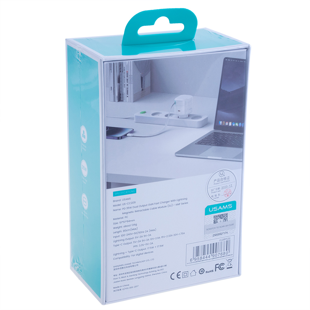 Зарядний пристрій білий US-CC209 PD35W Dual Port GaN Fast Charger With Lightning Magnetic Telescopic Cable (white, EU)
