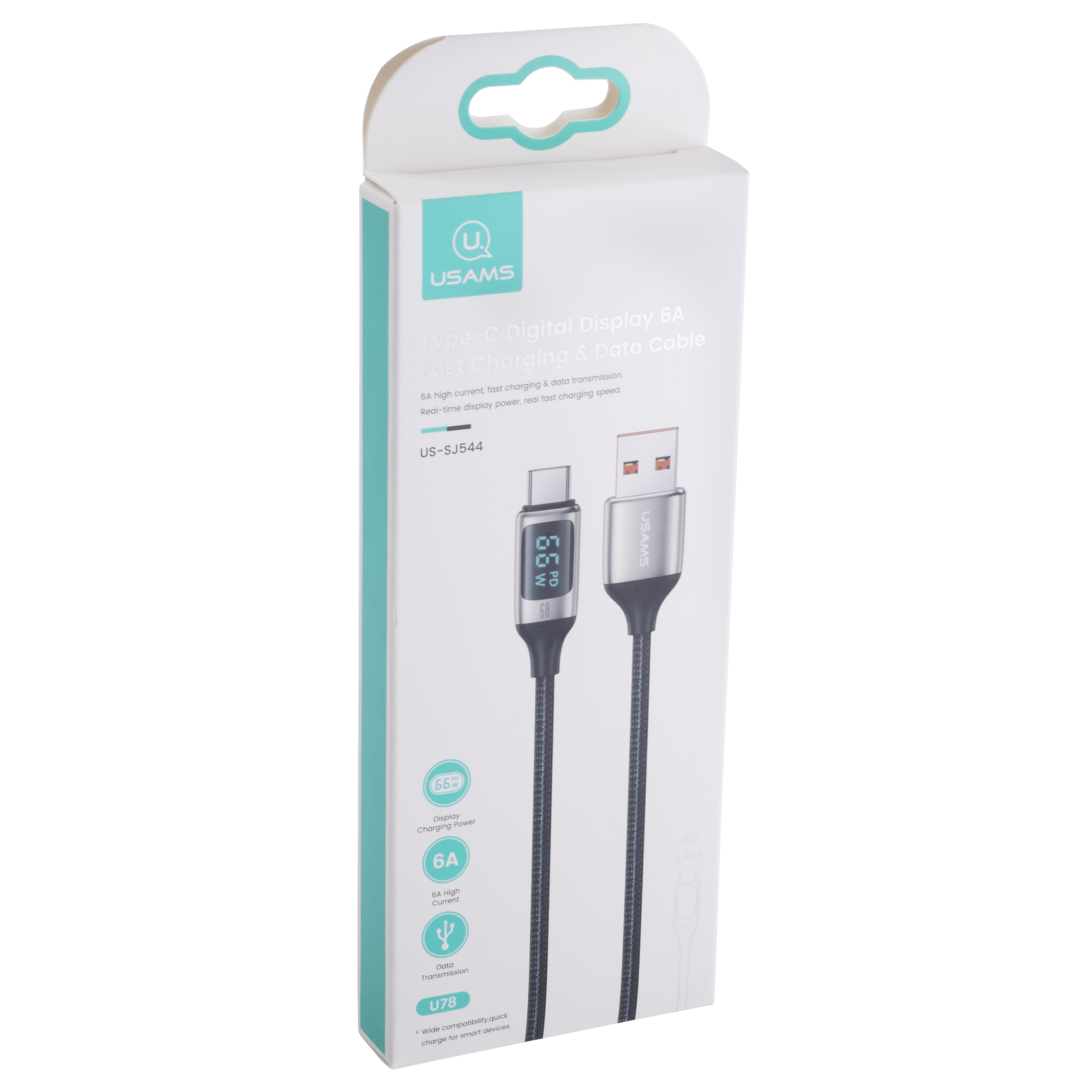 Кабель USB US-SJ544 U78 (USAMS) Type-C Digital Display 6A Fast Charging & Data Cable (USAMS) 1.2м білий роз'єм