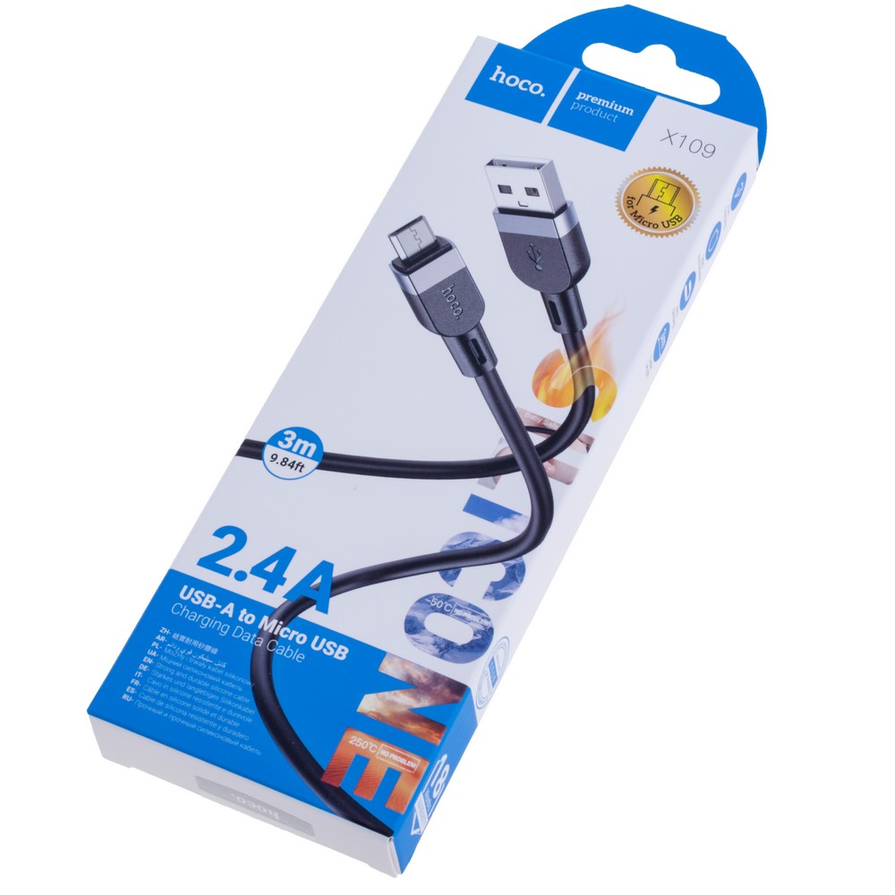 Кабель USB A plug - USB micro plug довжина 3m, чорний 2.4A Hoco (X109)
