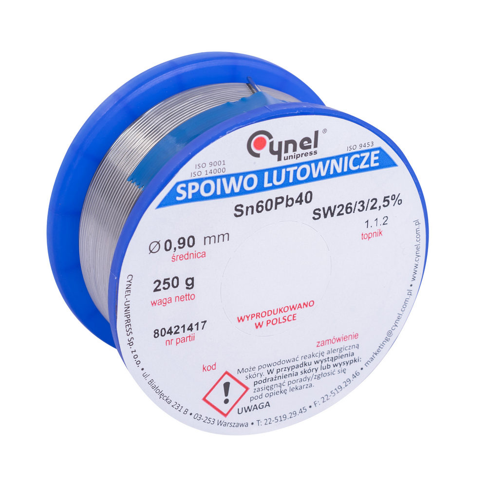 Дротяний припій, 0,9mm, 250g, з флюсом, свинцевий, CYNEL Sn60Pb40-SW26/2.5% Ø0.9, 250g