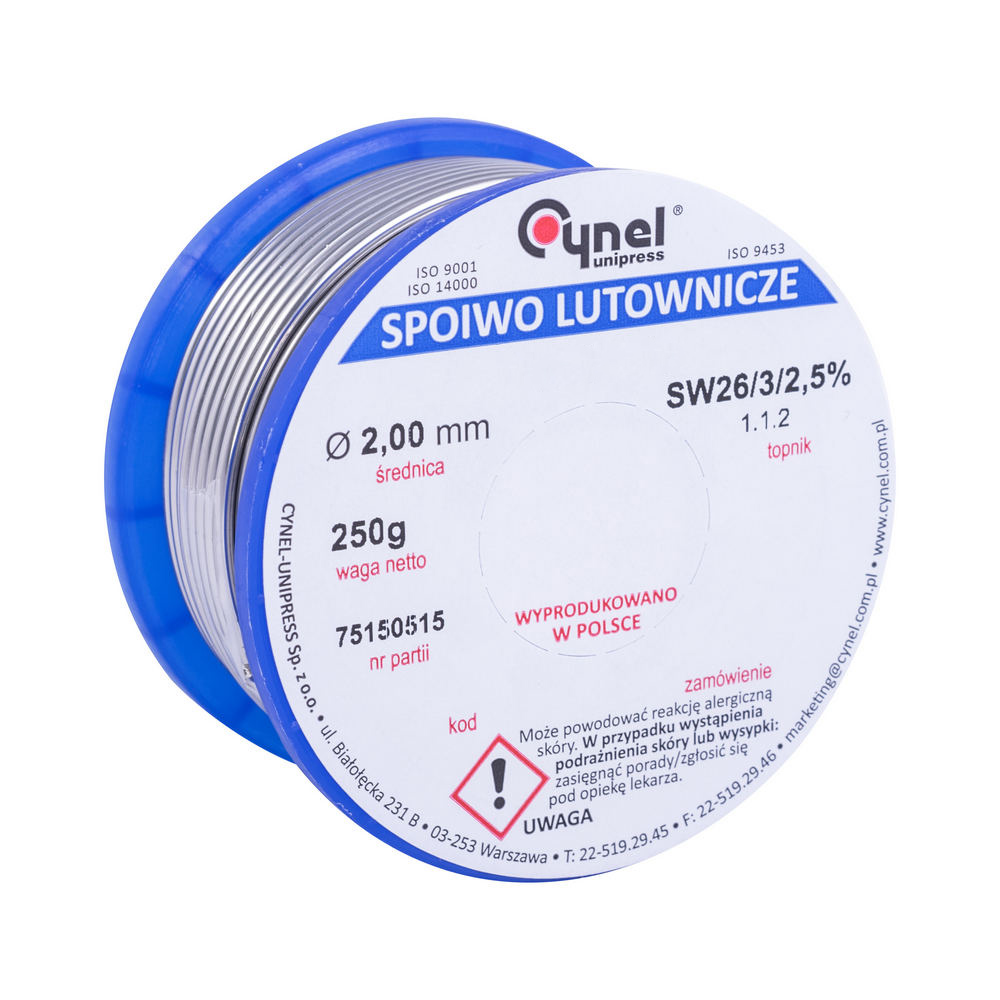 Дротяний припій, 2mm, 250g, з флюсом, свинцевий, CYNEL Sn60Pb40-SW26/2.5% Ø2.0, 250g