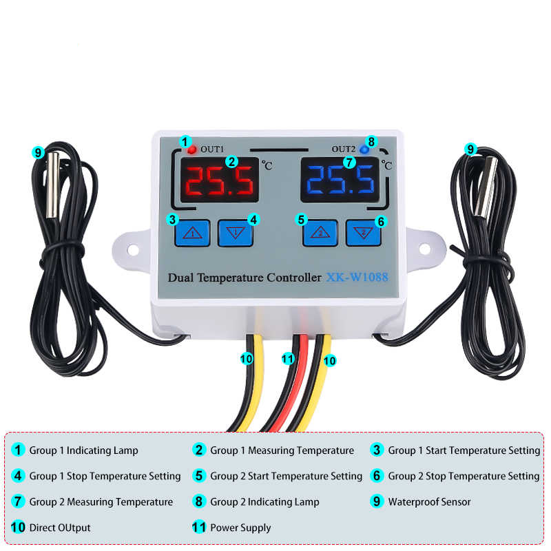 Термостат з двома датчиками XK-W1088 10A/12V (FNIRFSI - 8F3)