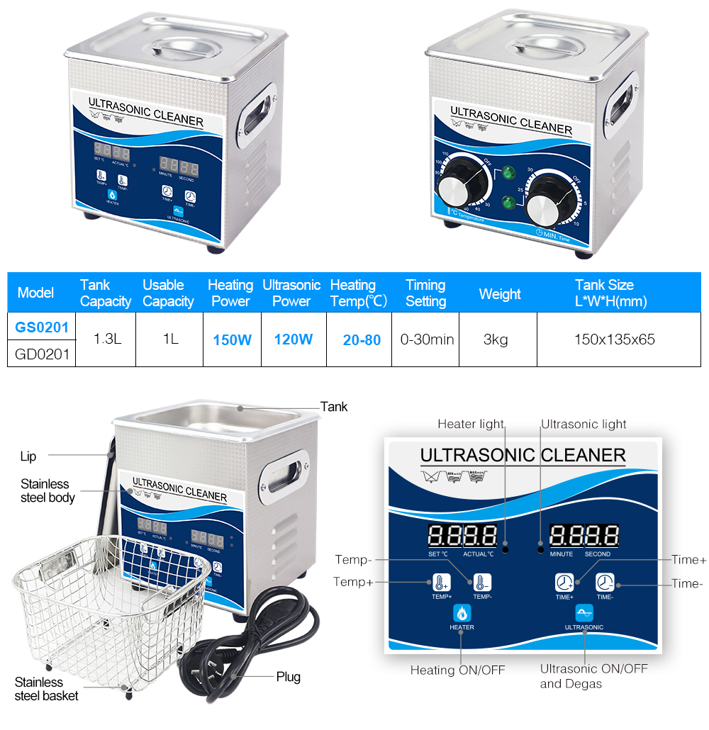 Ультразвуковий очищувач-ванна 1,3л 120Вт / 40kHz з підігрівом 150Вт (GS0201 - Granbo)