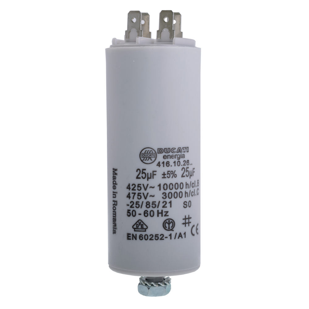 25uF 425VAC ±5% 40x92mm+болт, с клемами 6.3mm (4.16.10.26.64) Ducati (конденсатор пусковой)