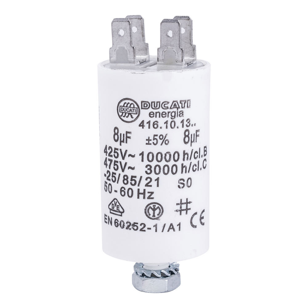 8uF 425VAC ±5% 32x55mm+болт, с клемами 6.3mm (4.16.10.13.64) Ducati (конденсатор пусковой)
