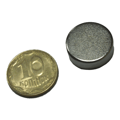 Магнит NdFeB, диск/цилиндр OD15 х 5mm (N38), Ni+Cu+Ni (никель)