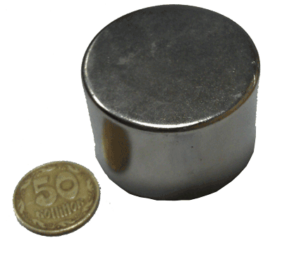 Магнит NdFeB, диск/цилиндр OD45 х 30mm (N38), Ni+Cu+Ni (никель)