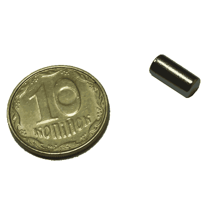 Магнит NdFeB, диск/цилиндр OD4 х 8mm (N38), Ni+Cu+Ni (никель)