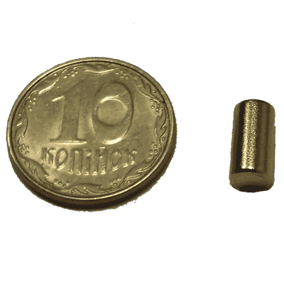 Магнит NdFeB, диск/цилиндр OD4 х 8mm (N38), Ni+Cu+Ni+Au (золото)