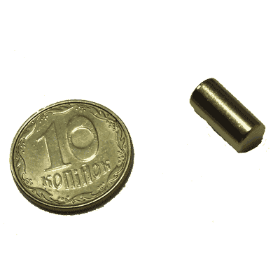 Магнит NdFeB, диск/цилиндр OD5 х 10mm (N38), Ni+Cu+Ni+Au (золото)
